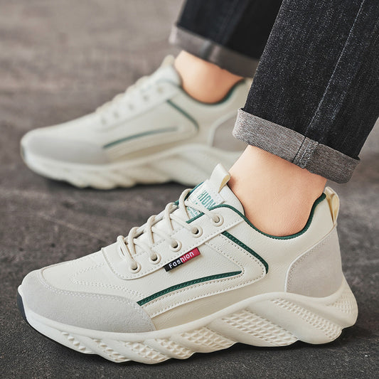 Men's Retro Sneakers - White & Green Accent Lace-Up Shoes, Cushioned PVC Sole for All-Day Comfort, Low-Top Sneakers for Gym, Office, Casual Attire - Model HX-7, Gym Footwear, Sleek Casual Style, Fabric Upper, Durable Traction