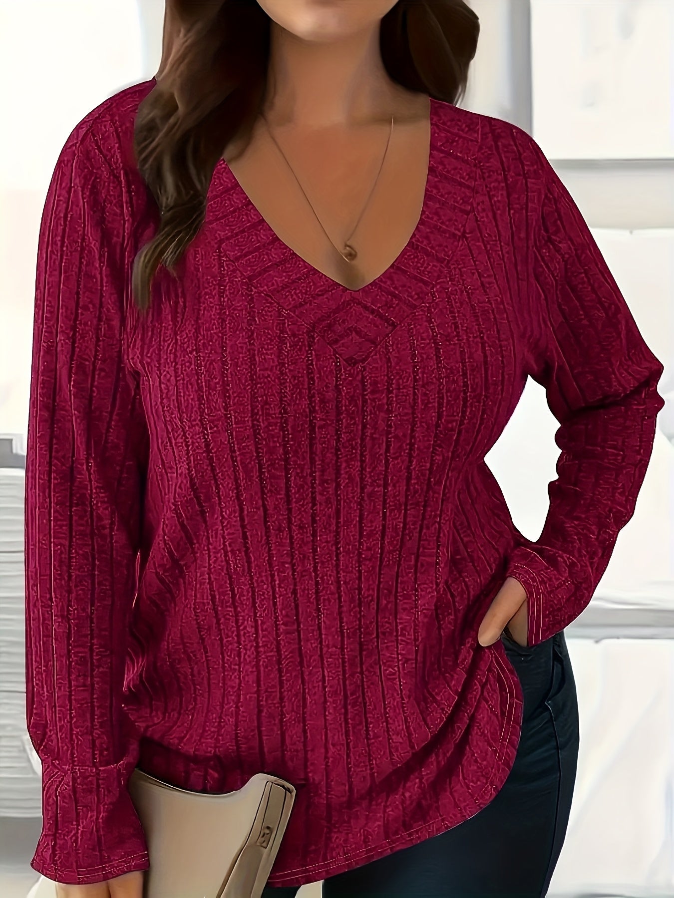 1 հատ Women'S Plus Size Casual V-Neck սվիտեր - 95% պոլիեսթեր 5% սպանդեքս տրիկոտաժե գործվածք, միաձույլ գույն, երկարաթև, գարուն/աշուն/ձմեռ բաց վերնաշապիկ