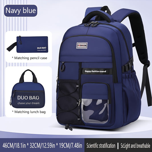 Large Capacity Backpack Set 3pcs, Polyester Lined, Spliced, Adjustable Shoulder Straps, Zipper Closure, Lightweight, Casual Style, for Going Out