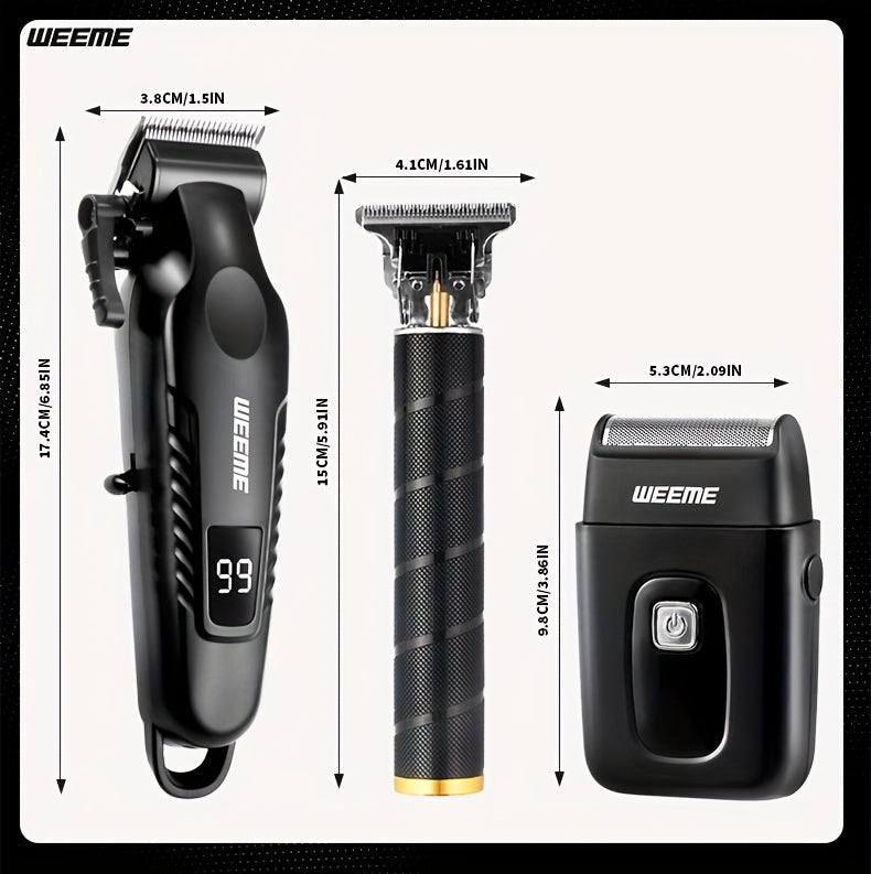 WEEME Men'S Grooming Three-Piece Set Multifunctional Electric Clipper Trimmer with Alloy Stainless Steel Blade Three-Speed Adjustment USB Fast Charging LCD Power Display Ultra-Long Battery Life Essential for Home Travel Car B