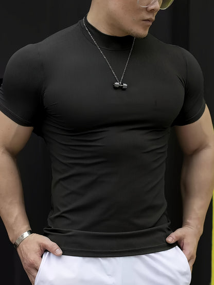 Men'S White Short Sleeve T-Shirt - Stretchy, Moisture-Wicking, Round Neck, Casual Fitness Wear for Summer, Sporty Style, Sportswear Tee | Sporty Neckline | Stretchy Fabric