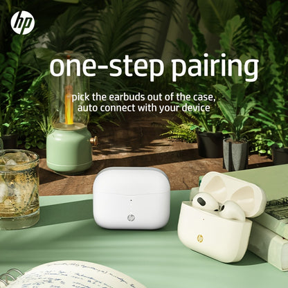 HP True Wireless ականջակալներ, թեթև ականջակալներ ներկառուցված միկրոֆոնով, որոնք ապահովում են հիանալի ձայն և երկար հեռավորության վրա կապ, լիցքավորման պատյանով - հարմար են և՛ iPhone-ի, և՛ Android սարքերի համար։