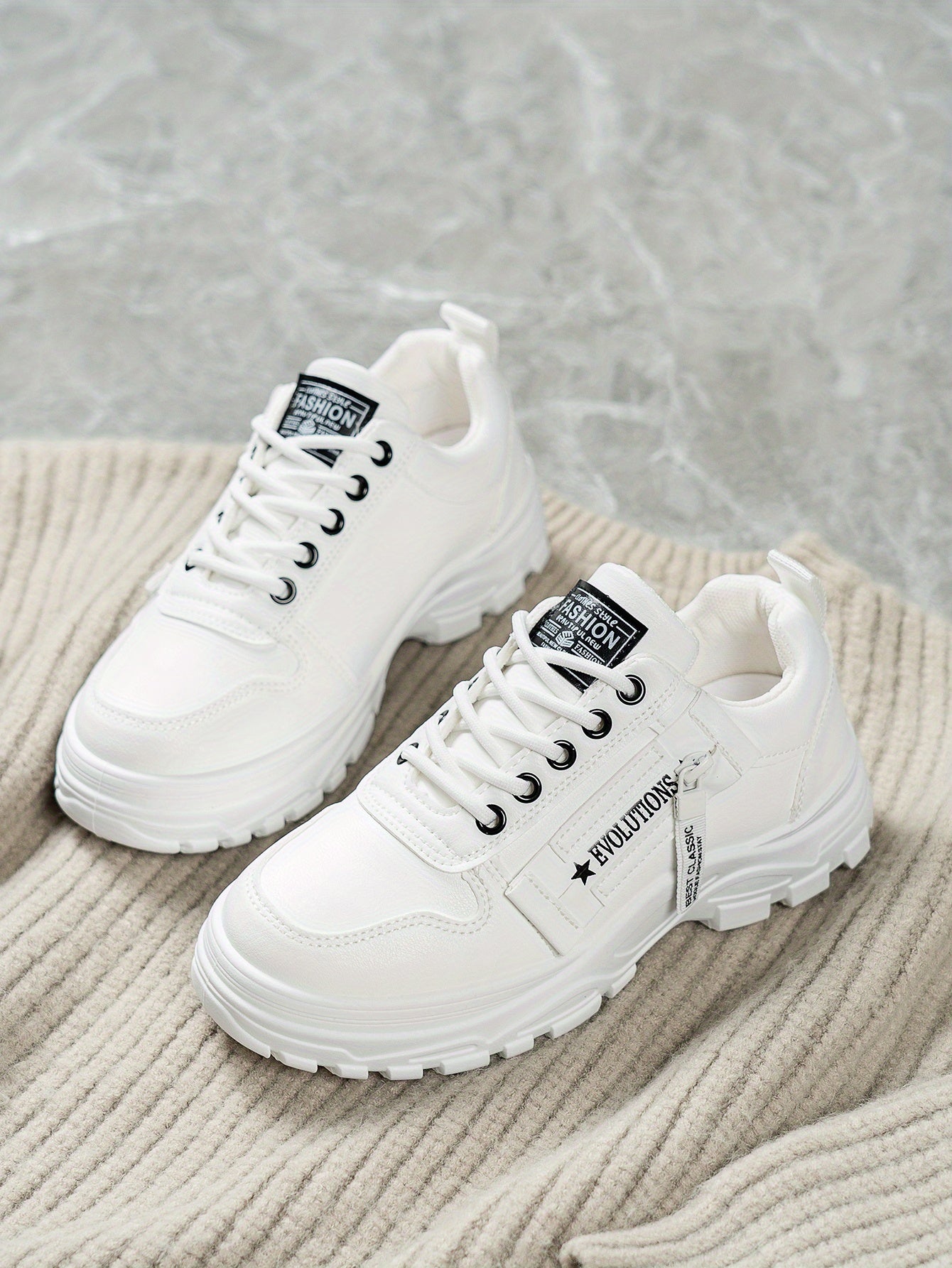 Women'S Breathable Knit Sneakers - Lightweight Thick Sole Casual Walking Shoes in White & Black, Synthetic Cover Upper with Rubber Outsole, Lace-Up Low-Top Design for Indoor/Outdoor, Travel, Beach & Shopping - Cute Gift for M