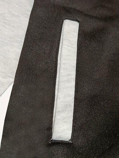 Men's Athletic Fleece Hoodie & Jogger Set - Sporty Gray with Black Accents, Zip-Up Jacket and Drawstring Pants, Polyester, Machine Washable for Fall/Winter