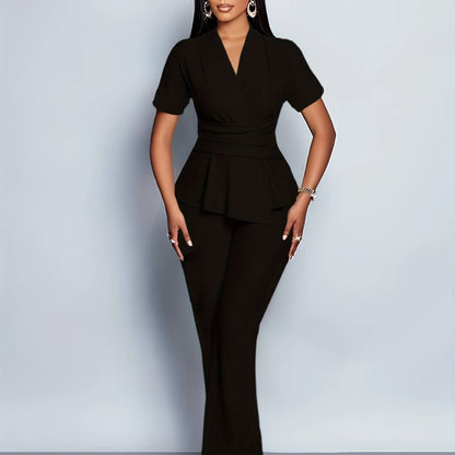 Women's Elegant Casual Solid Color Textured Pants Set