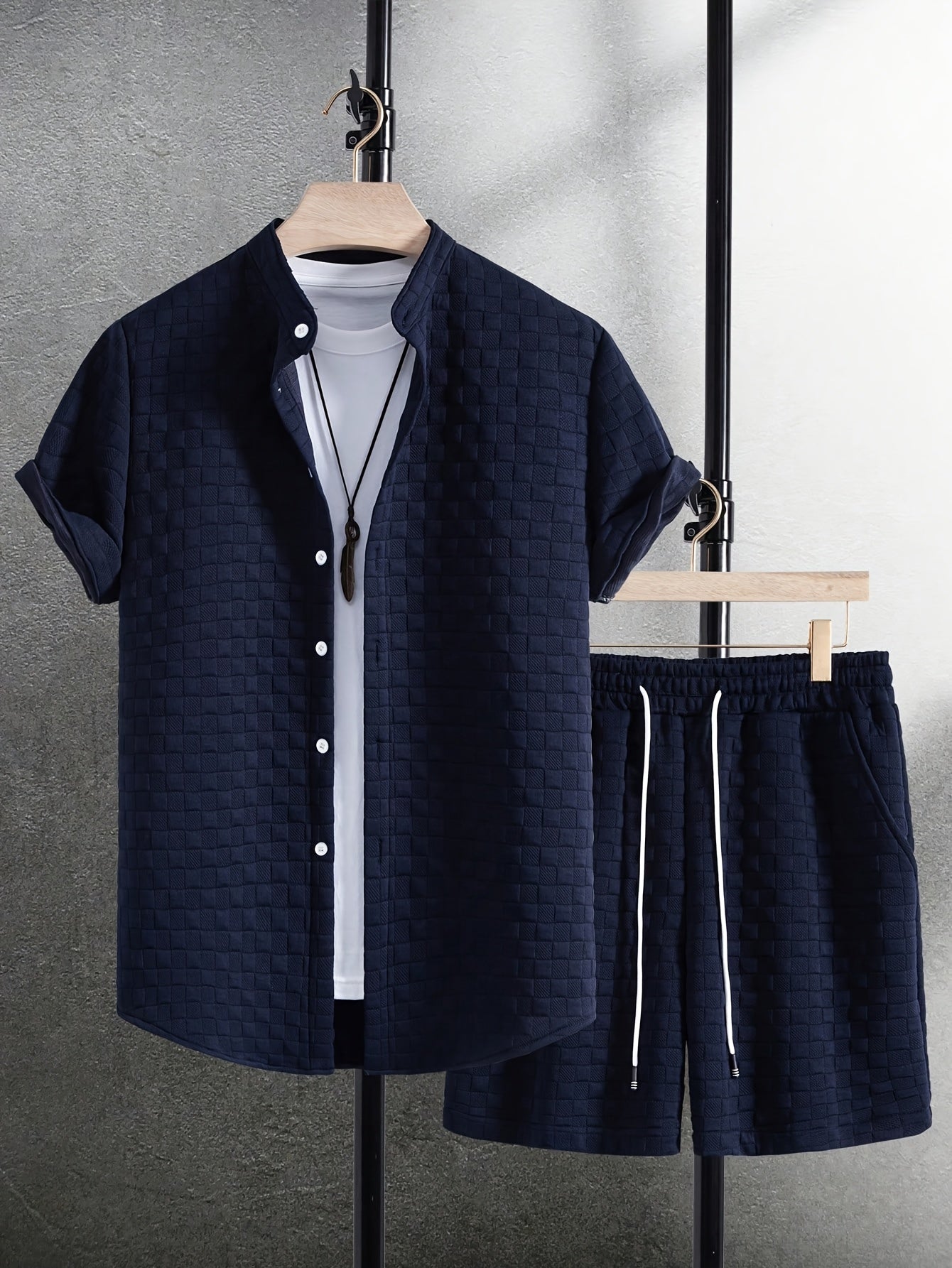 Men'S Casual Athletic Short Sleeve Shirt & Drawstring Shorts Set - Navy Blue, Lightweight Polyester, Perfect for Beach, Camping, and Outdoor Activities, Beach Attire | Stylish Casualwear | Lightweight Fabric