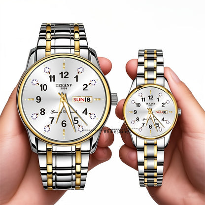 Two Stylish Digital Round Dial Couple'S Quartz Watches - IPX7 Waterproof, Luminous, Dual Calendar, Date and Day/Week Display, Alloy Strap Business Watches, Suitable for Women and Men, Valentine'S Day Gift Wristwatches
