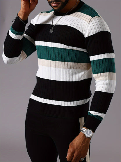 Men's Striped Color-Block Ribbed Knit Sweater - Long Sleeve Round Neck Pullover with Elastic Comfort Fit, Machine Washable Casual Fall Winter Top in Black/White/Green/Beige, Knit Sweater, Medium Elasticity