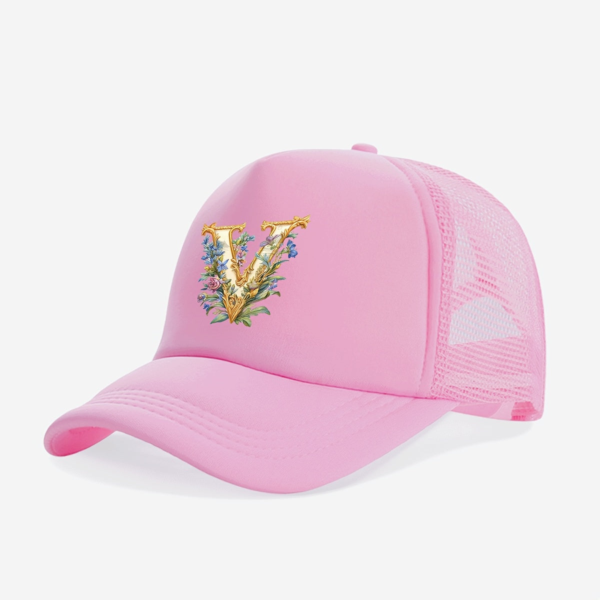 1-Pack Youngsters Trucker Hat with Golden Floral Letter A Design - Breathable Sun Protection, 100% Polyester, Adjustable Snap Closure, Pink for Spring/Summer Outdoor Play, Back to School, Thanksgiving, Teacher's Day (Ages 3-1