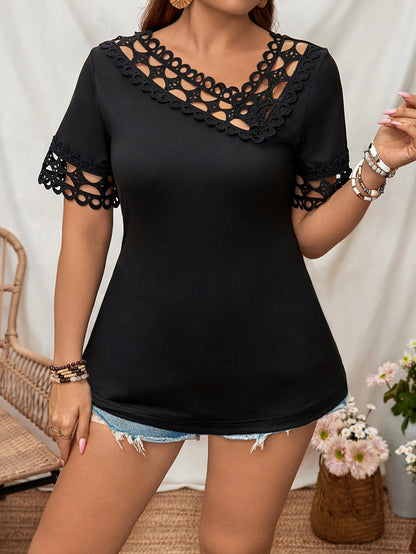 Women's Plus Size Elegant Short Sleeve Top with Asymmetrical Neckline and Lace Cut-Out Detail - Stretchy Polyester Blend, Machine Washable, Black, Perfect for Spring/Summer Casual Outfits, Spring Fashion Wear | Asymmetrical N