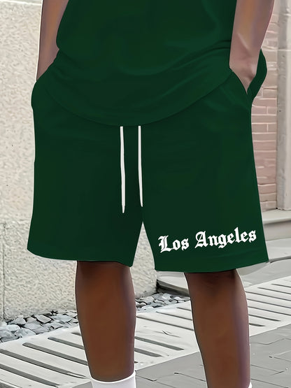 Men'S Los Angeles Graphic Print Casual Sportswear Set - Breathable Summer Short Sleeve T-Shirt & Drawstring Shorts with Pockets, Regular Fit, Crew Neck, Comfortable & Stylish for Casual Attire, Leisure Clothing | Trendy Sport