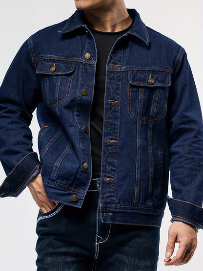 Men's Stylish Denim Jacket - Casual Long Sleeve with Flap Pockets, Machine Washable