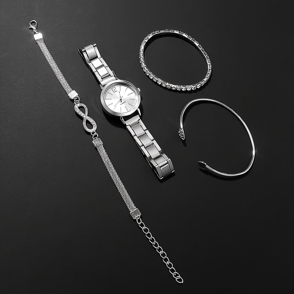 1pc or 4pcs/set Women's Fashion Quartz Watch with Silver Bracelet Set, The Perfect Gift for Her on Valentine's Day, Easter, Birthday and Christmas Does not include box