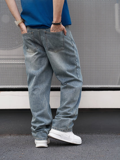 Men's Casual Straight-Leg Washed Denim Jeans - Light Blue, Loose Fit, Slant Pockets, Comfortable Blend for Casual Attire