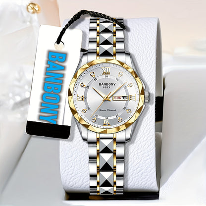 A BANBONY Fashion Brand Women'S Quartz Watch with a Stainless Steel Strap, Adorned with Rhinestones, IPX7 Waterproof, Luminous Display for The Week, Multifunctional Fully Automatic Casual Watch, Perfect Gift for Birthdays, Ho