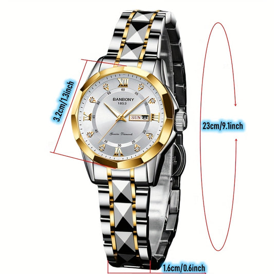 A BANBONY Fashion Brand Women'S Quartz Watch with a Stainless Steel Strap, Adorned with Rhinestones, IPX7 Waterproof, Luminous Display for The Week, Multifunctional Fully Automatic Casual Watch, Perfect Gift for Birthdays, Ho