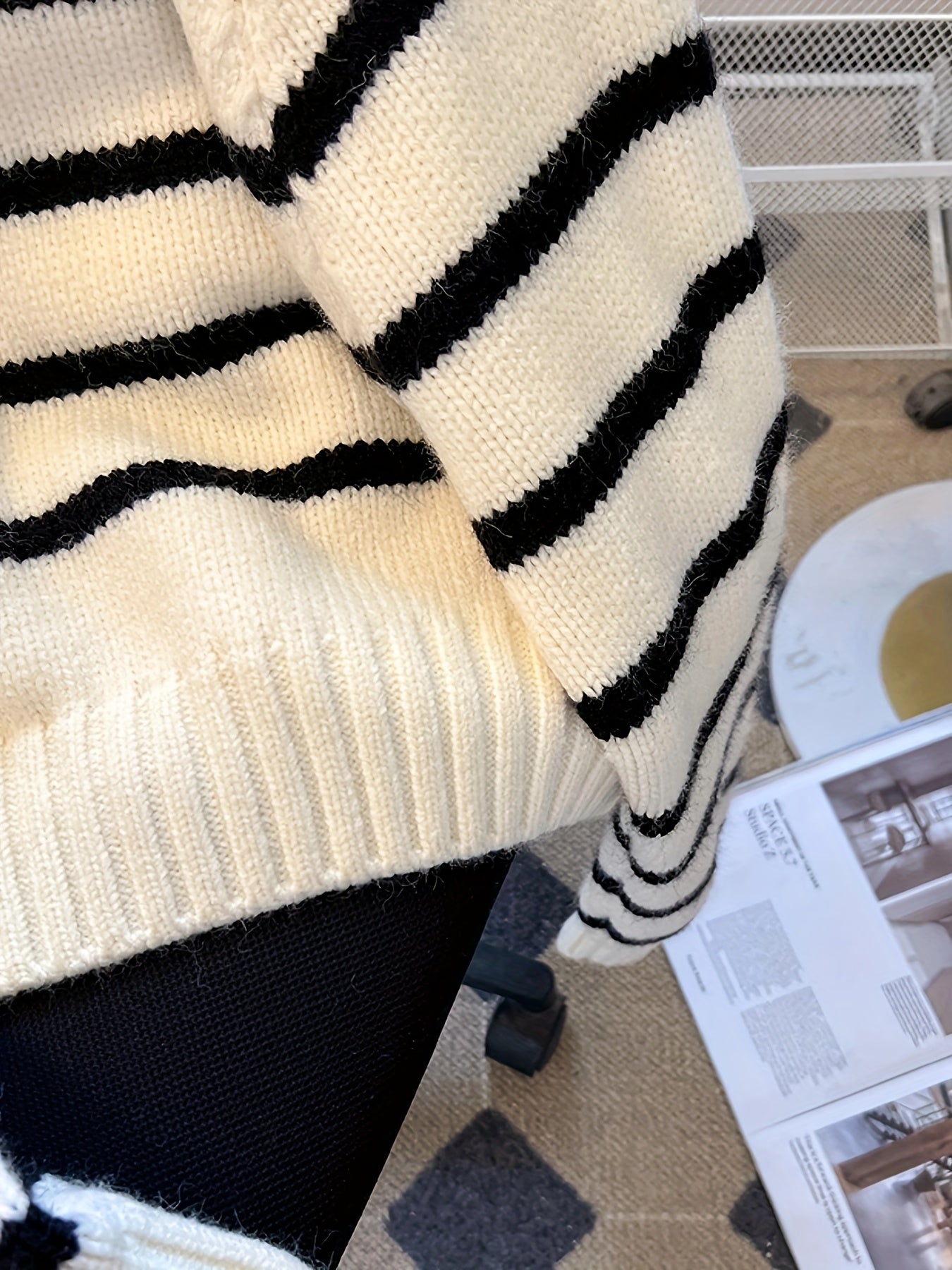 Striped Color Block Collared Sweater for Women Autumn Winter New Arrival Thick Half Zip Loose Soft Knit Top