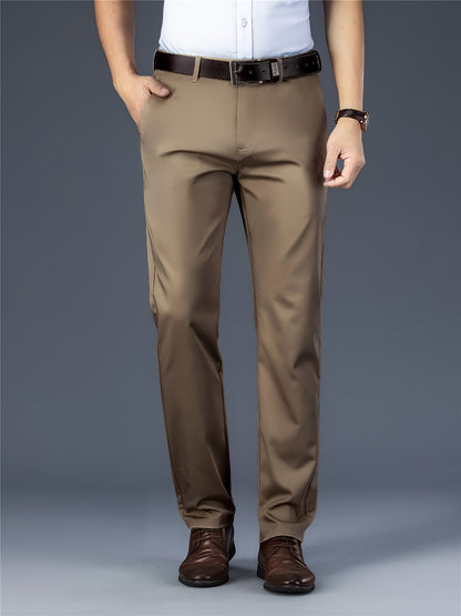 [Durable Build] Men's All-Season Casual Dress Pants - Business Style Stretch Trousers, Comfortable Classic Design, Light Brown Polyester Blend, Machine Washable, Smooth Finish, Regular Fit for Office or Leisure Wear