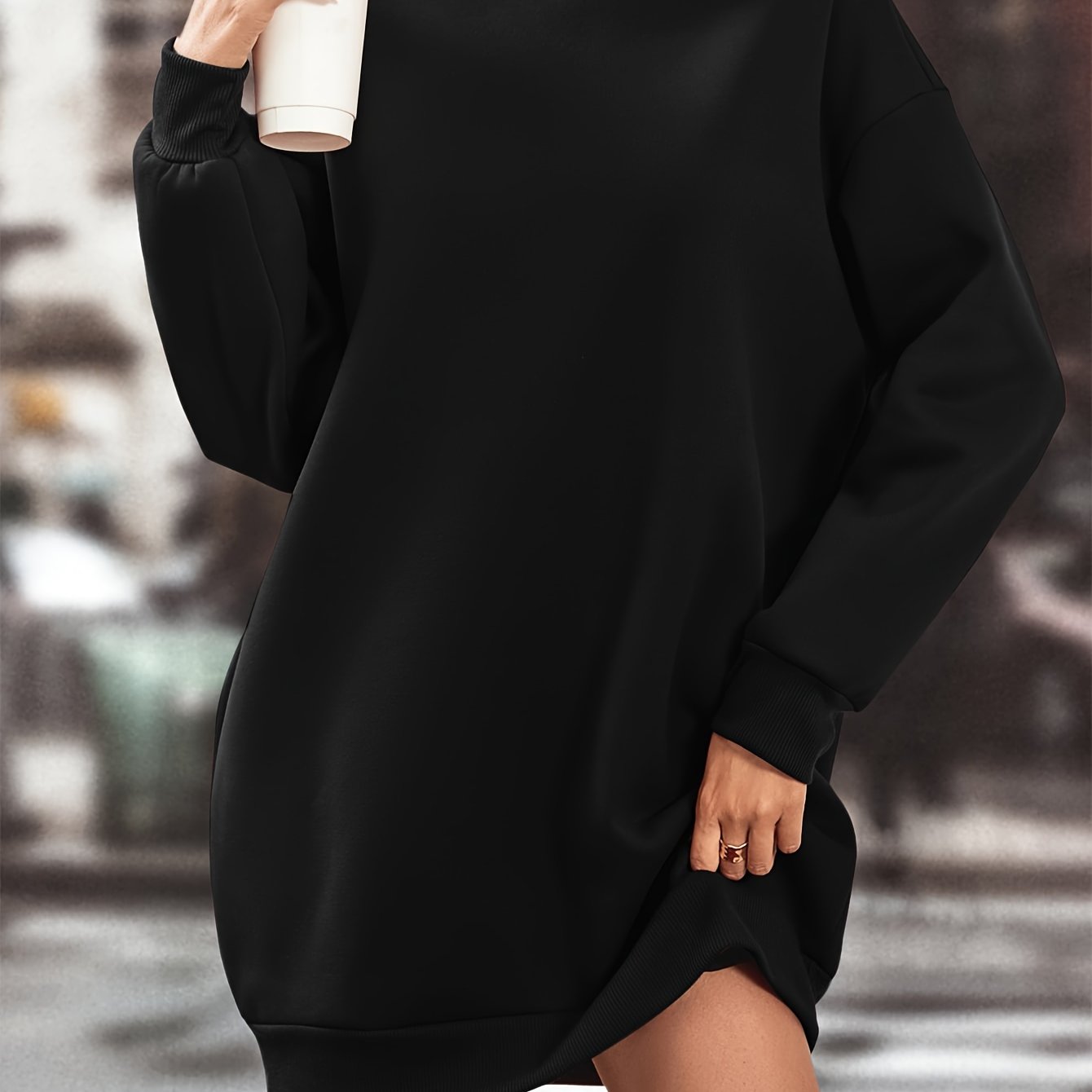 Elegant Women'S Fleece-Lined Sweatshirt Dress - Polyester Knit Fabric, Solid Color, Crew Neck, All-Season Loose Long Sleeve Casual Wear