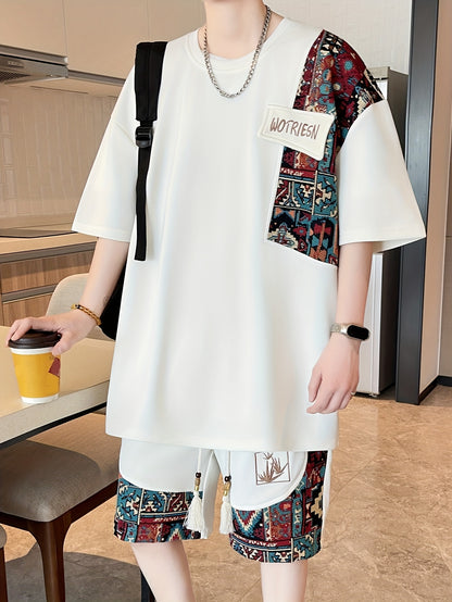 2pcs Men's Summer Casual Outdoor Set, Fashion Ethnic Style Round Neck Short Sleeve T-Shirt and Shorts Suit with Embroidery Design Loose Fit, Short Sleeve + Drawstring Shorts Combo, Suitable for Summer Outdoor Activities