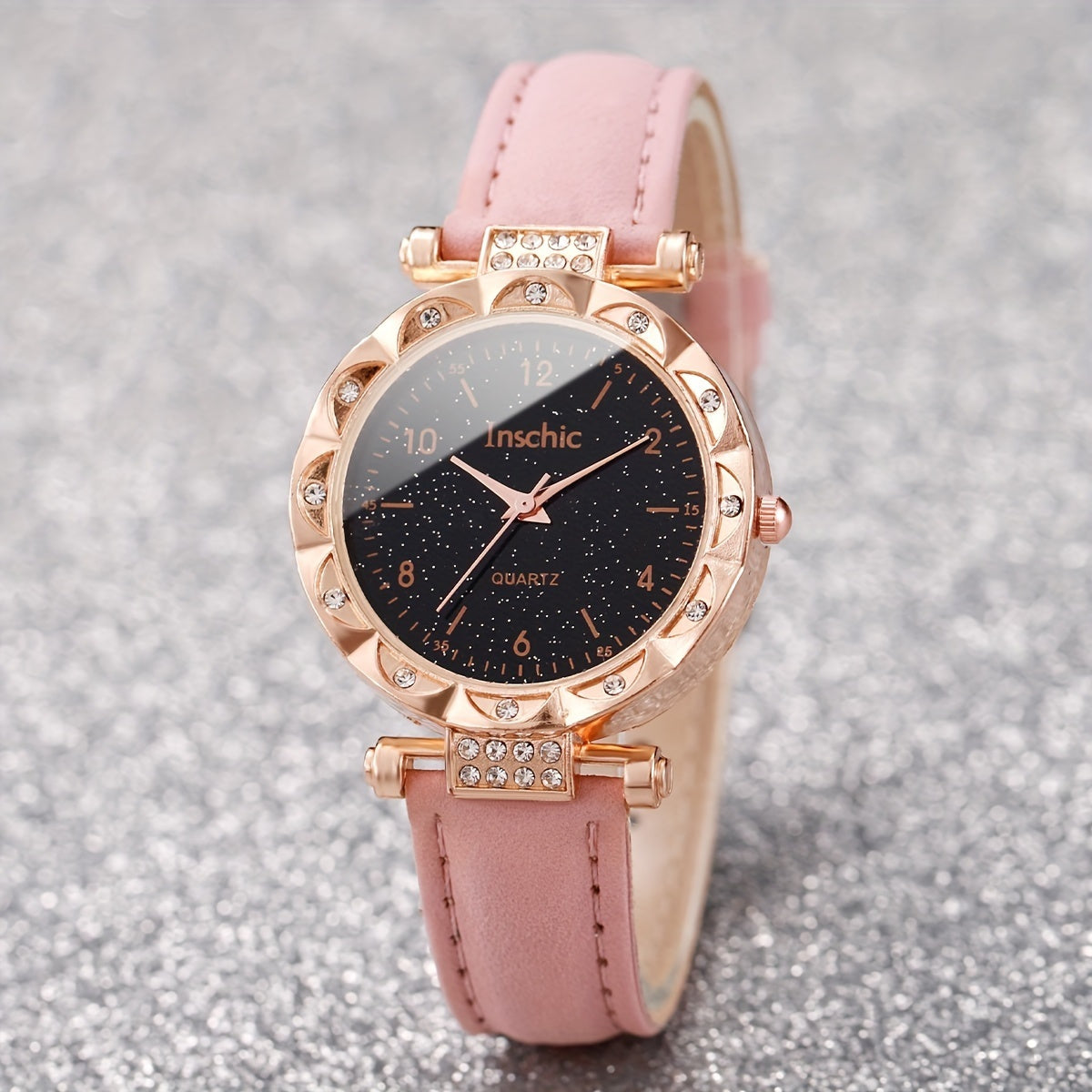[6pcs Women'S Quartz Watch and Jewelry Set] 6pcs Women'S Quartz Watch and Butterfly Jewelry Set, Round Alloy Case, PU Leather Band, Analog Display with Rhinestone Embellishments, Non-Rechargeable Button Battery, with Gift Set