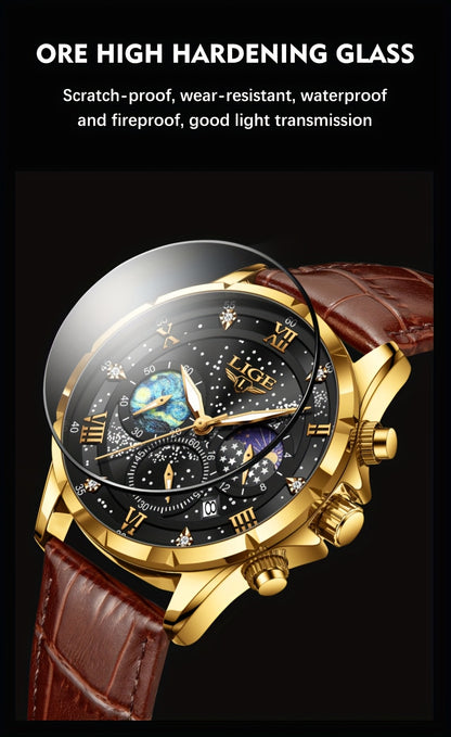 LIGE Luxury Quartz Chronograph Watch with Luminous Hands - Elegant Round Alloy Case, Blue Dial with Roman Numerals, Starry Night Design, Button Battery, Faux Leather Strap, Stylish Accessory|Starry Night Design|Luminous Hands