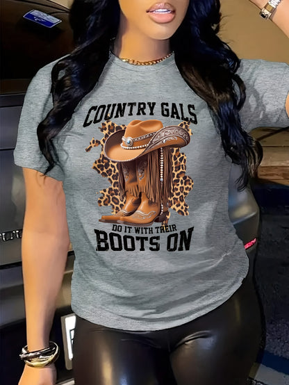 Women's Casual Short Sleeve T-Shirt with Cartoon Cowboy Boots & Leopard Print Graphic, "Country Gals Do It with Their Boots On" Slogan, Vibrant Orange Round Neck Tee, Machine Washable Regular Fit, Allseason Top, Semitranspare