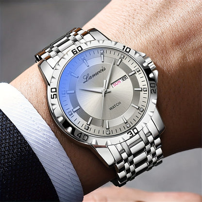Luxury Men'S Quartz Watch - Sleek Round Dial with Dual Calendar, Luminous, Waterproof, Stainless Steel Band - Ideal Business Gift, Business Gift Watch|Minimalist Timepiece|Luminous Watch Face, Watch Accessories