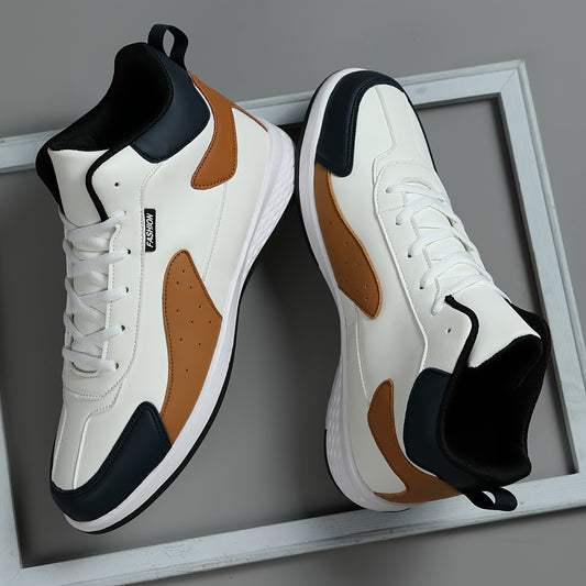 Men'S High-Top Fashion Sneakers, Vintage, Preppy, Street Style Solid Color Lace-Up Shoes, PU Upper, Fabric Inner, TPR Sole, Round Toe, for Hiking, Daily Wear, Casual & Outdoor Activities, All-Season Comfort