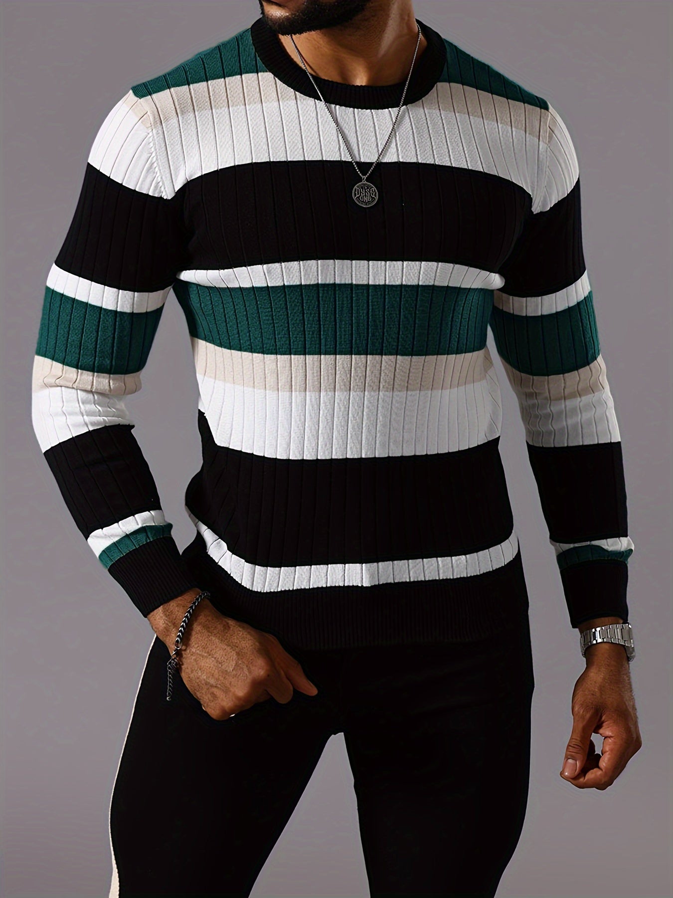 Men's Striped Color-Block Ribbed Knit Sweater - Long Sleeve Round Neck Pullover with Elastic Comfort Fit, Machine Washable Casual Fall Winter Top in Black/White/Green/Beige, Knit Sweater, Medium Elasticity