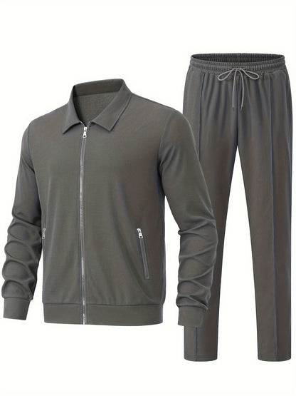 Men's Solid Waffle 2pcs Athletic Outfits, Zip-up Jacket & Pants co ord set for Outdoor Sports