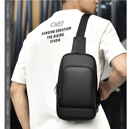 Men'S Casual Chest Bag, Faux Leather, Single Shoulder Bag, Zipper Closure, Uncharged, with Sewing Thread, Non-textile Weaving Method, No Printing, 100cm Shoulder Strap Length, for Daily Commute