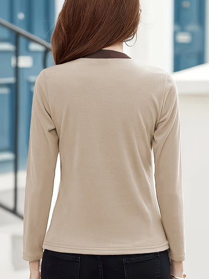 Women's Chic Color Block Casual Top - High Stretch Polyester & Elastane Blend, Button Detail, Machine Washable - Elegant Stand Collar, Long Sleeve, Beige & Brown