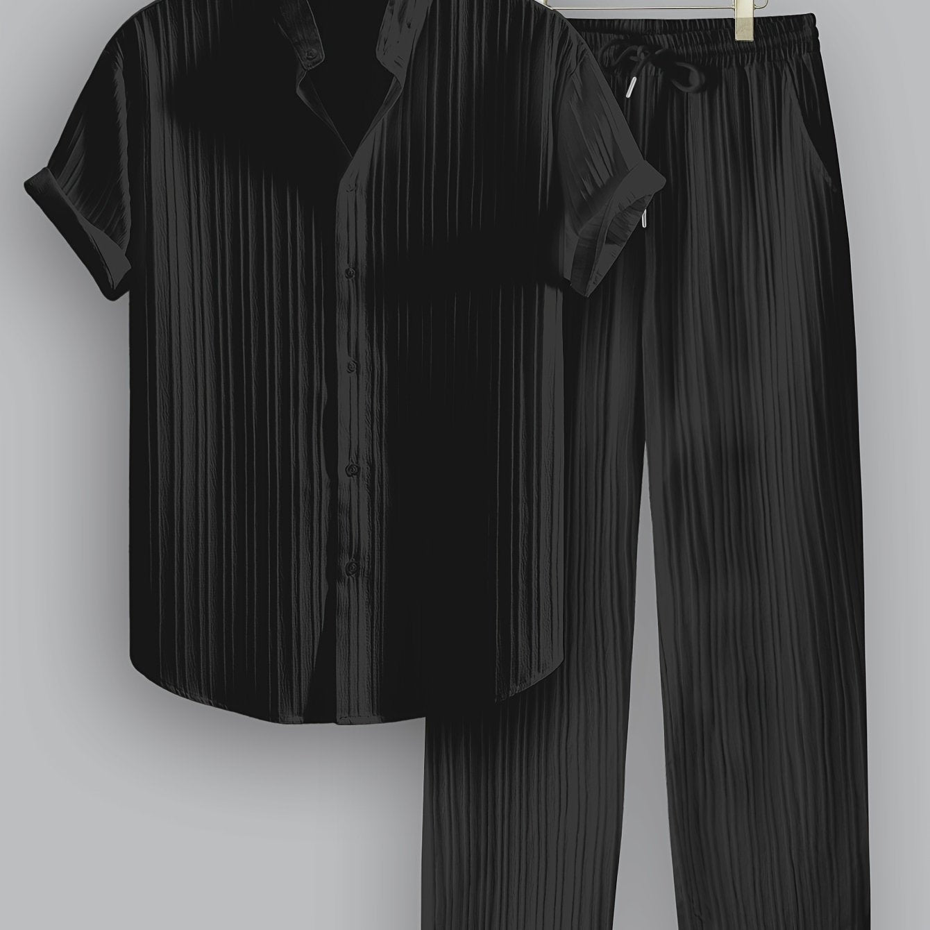 2pcs Men's Summer Casual Striped Polyester Outfit Set, Short Sleeve Stand Collar Shirt and Drawstring Pants, Non-Stretch Woven Fabric, Regular Fit for Daily Wear and Beach Vacation, Plain Color, Beach Vacation