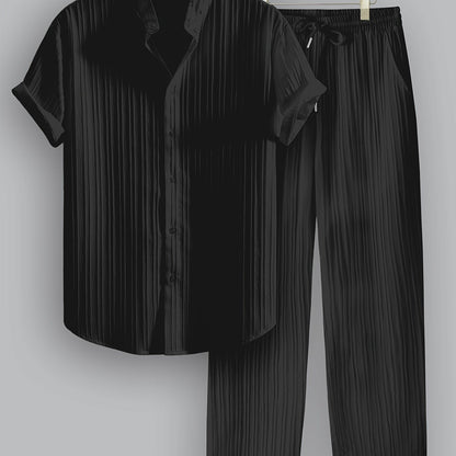 2pcs Men's Summer Casual Striped Polyester Outfit Set, Short Sleeve Stand Collar Shirt and Drawstring Pants, Non-Stretch Woven Fabric, Regular Fit for Daily Wear and Beach Vacation, Plain Color, Beach Vacation