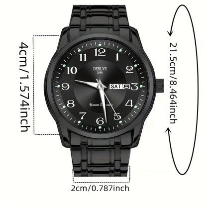 DEBLVE Men'S Fashionable Stainless Steel Watch with Luminous Numbers, Calendar & Week Display - Quartz Movement, Business Style, Ideal for Travel & Daily Use