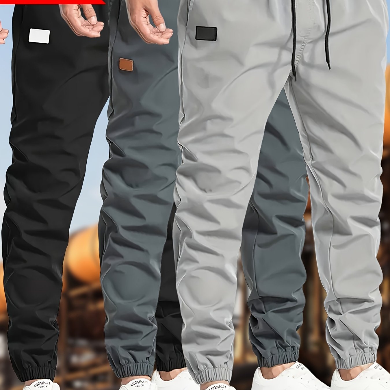 3pcs Men's Solid Color Drawstring Joggers - Casual Cargo Cropped Pants, Polyester, Machine Washable, in Black, Dark Gray, Olive Green with Patch Detail