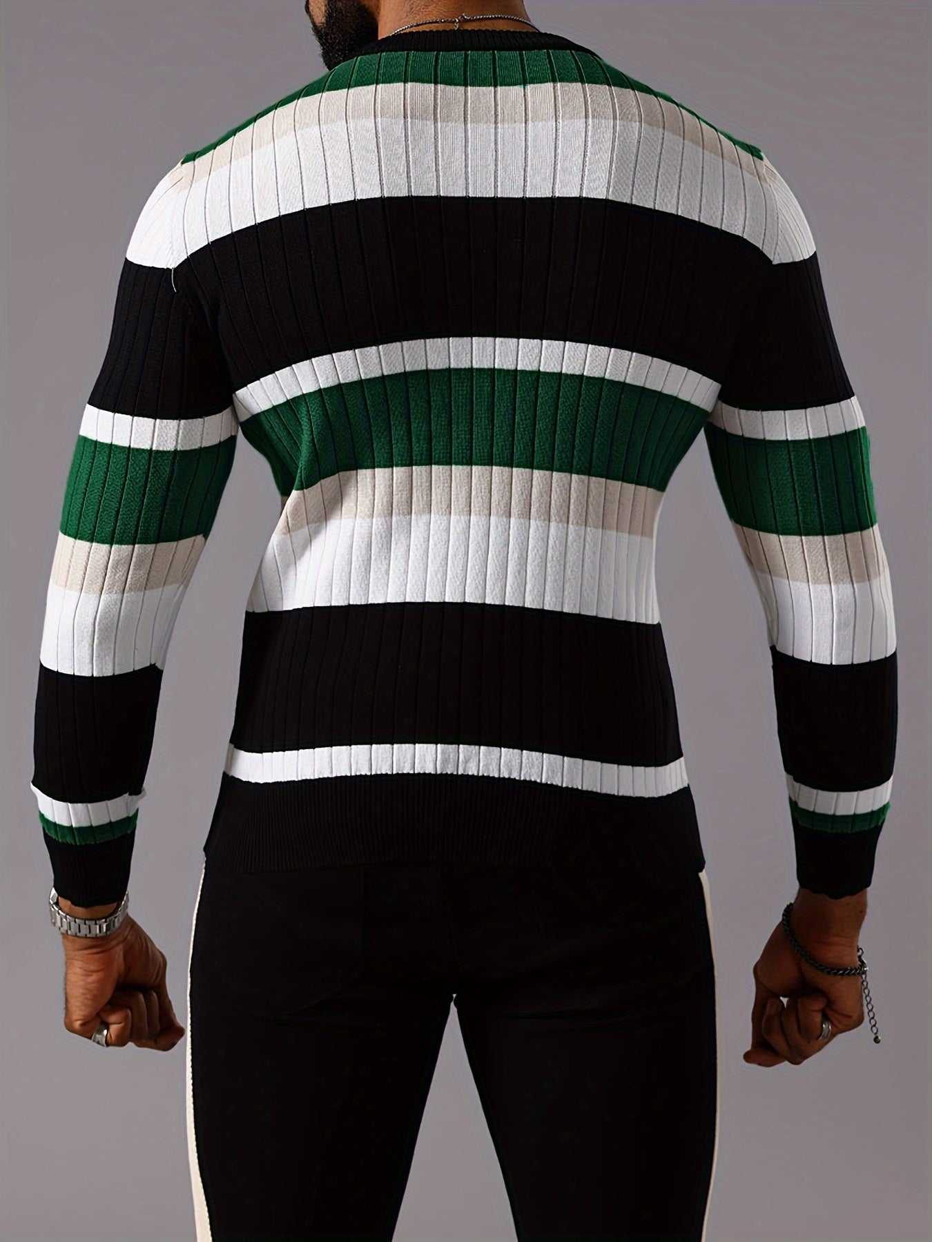 Men's Striped Color-Block Ribbed Knit Sweater - Long Sleeve Round Neck Pullover with Elastic Comfort Fit, Machine Washable Casual Fall Winter Top in Black/White/Green/Beige, Knit Sweater, Medium Elasticity