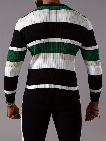 Men's Striped Color-Block Ribbed Knit Sweater - Long Sleeve Round Neck Pullover with Elastic Comfort Fit, Machine Washable Casual Fall Winter Top in Black/White/Green/Beige, Knit Sweater, Medium Elasticity