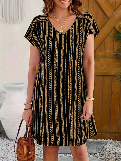 Ethnic Print V-neck Dress, Vacation Style Short Sleeve Slim Fit Dress For Spring & Summer, Women's Clothing