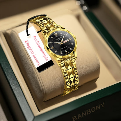 1pc Elegant BANBONY Stainless Steel Women'S Watch with Sparkling Rhinestones, Double Calendar, Glow-in-the-Dark Display, Waterproof - Ideal Gift for Birthdays, Anniversaries, and Special Occasions, Luxury Accessory | Elegant