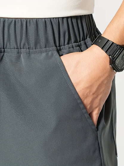 3pcs Men's Solid Color Drawstring Joggers - Casual Cargo Cropped Pants, Polyester, Machine Washable, in Black, Dark Gray, Olive Green with Patch Detail