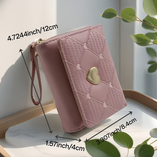 Fashion Rhombus Heart Pattern Tri-Fold Multi-Card Slot Zippered Compartment Multi-Functional Portable Mini Women's Wallet