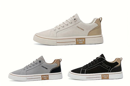 Men's Casual Low-Top Sneakers - Breathable Fabric & Durable PVC Sole, Black & Beige Contrast Design, Lace-Up Round Toe for All-Season Comfort, Versatile for Casual & Semi-Formal Wear, Comfortable Footwear, Fabric Upper