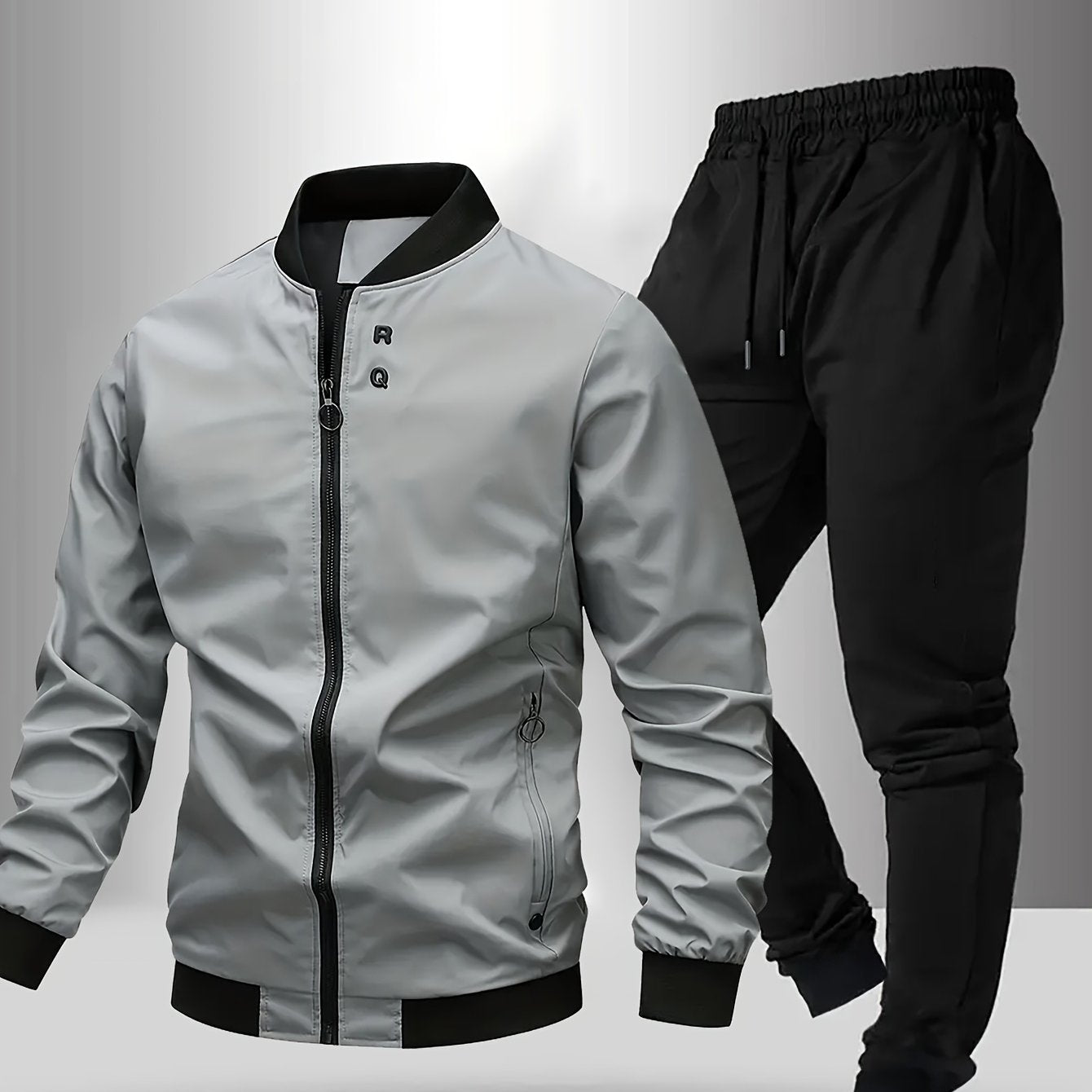 Men'S Casual Two-Piece Athletic Set - Black Baseball Collar Jacket with Zipper, Elastic Waistband Pants, Regular Fit for Spring/Fall, Spring Outerwear | Sporty Casualwear | Zippered Jacket