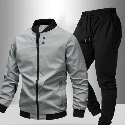 Men'S Casual Two-Piece Athletic Set - Black Baseball Collar Jacket with Zipper, Elastic Waistband Pants, Regular Fit for Spring/Fall, Spring Outerwear | Sporty Casualwear | Zippered Jacket