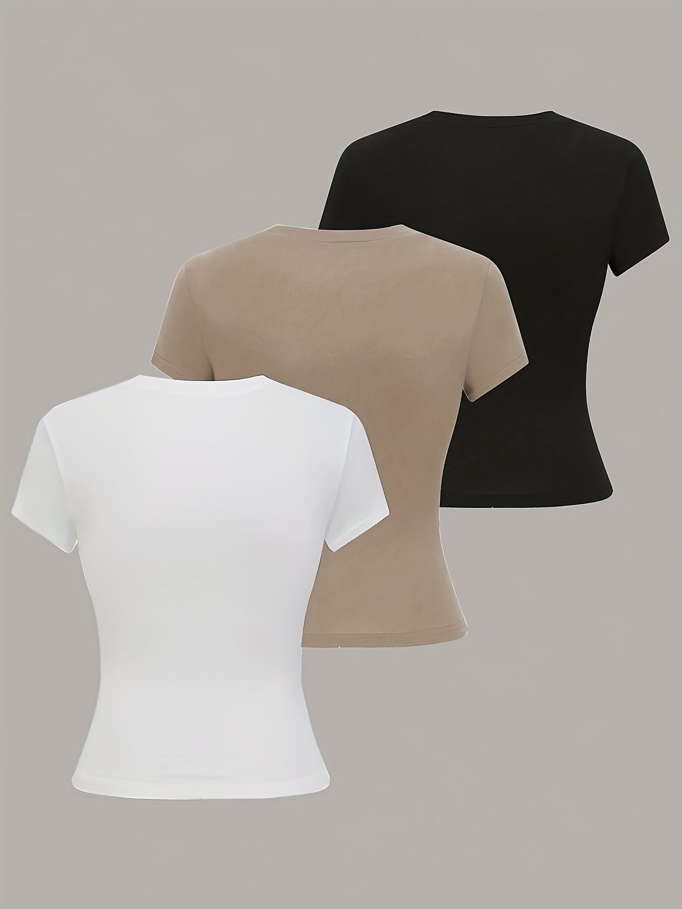 3pcs Women'S Basic Crew Neck Short Sleeve Crop T-Shirts in Black, White, and Gray - Slim Fit, Stretchy Polyester Blend, Cute & Versatile for Spring/Summer, Casual Outings, Vacation Attire | Basic Crop Top | Textur