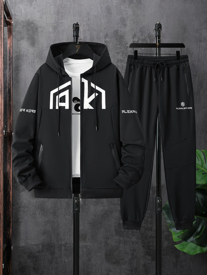 Men's AK Letter Print Long Sleeves Hoodies With Zipper Detail & Long Pants Two-piece Set, Slight Stretch Comfortable Clothing For Spring And Autumn