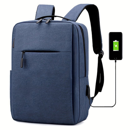 1pc Lightweight Business Laptop Backpack, 33.02/35.56/38.1 cm Computer Bag with USB Charging Port, Adjustable Straps, Zipper Closure, Polyester Lining, Wet Wipe Clean, Black Fabric Travel & Student Bookbag for Men and Women,