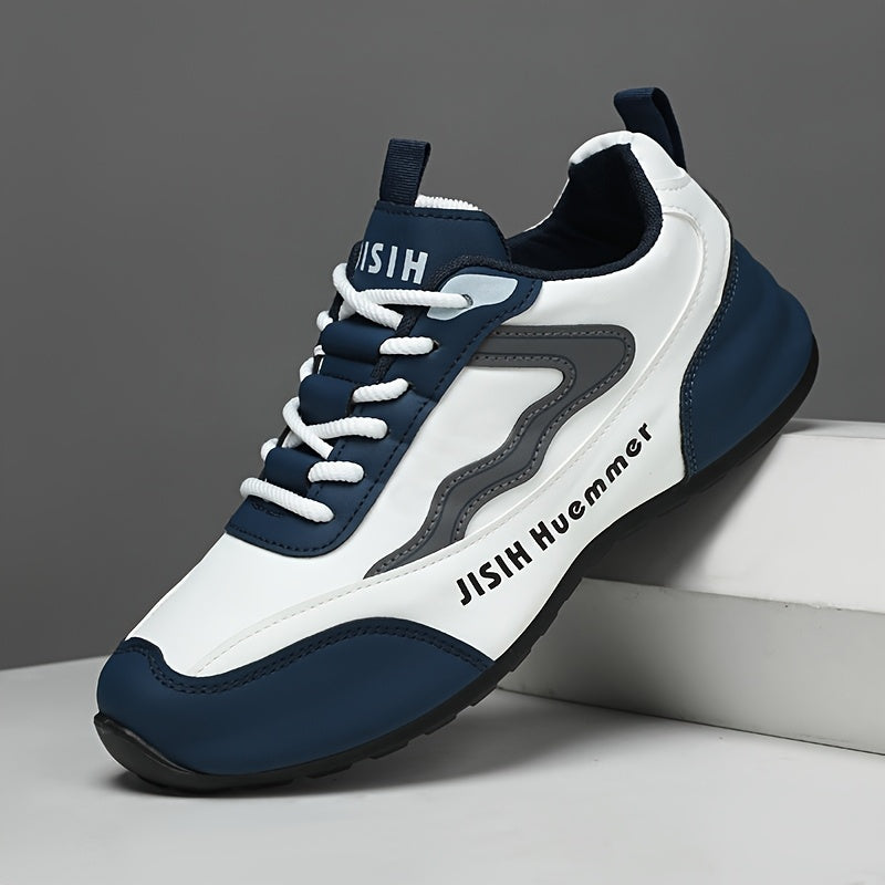 Men's Breathable Color-Block Low-Top Running Shoes - White & Navy Blue Contrast Design, Durable PU Upper & PVC Sole, All-Season Non-Slip Traction for Gym, Jogging, Casual Wear, Jogging Footwear | Sporty Look | Fabric Lined In